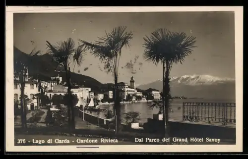 AK Gardone Riviera /Lago di Garda, Vista dal Parco del Grand Hôtel Savoy con palme e panorama lacustre