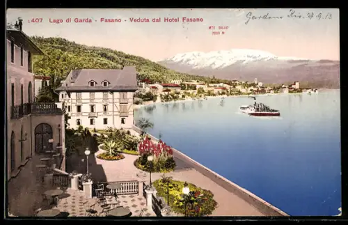 AK Fasano /Lago di Garda, Veduta dal Hotel Fasano con nave sul lago
