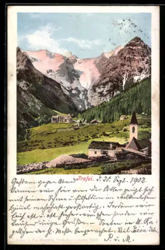 AK Trafoi, Vista panoramica con montagne e chiesa alpina