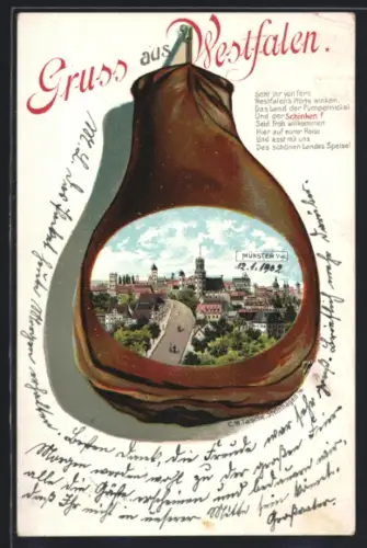 Passepartout-Lithographie Münster i.W., Ortsansicht von oben, Westfälischer Schinken