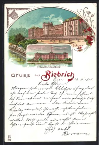 Lithographie Biebrich, Schloss, Unterofficierschule