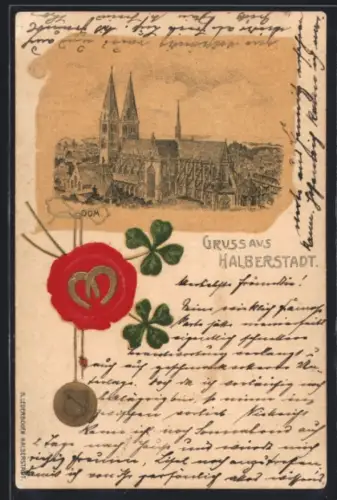 Lithographie Halberstadt, Dom, Siegel mit Kleeblättern, Passepartout