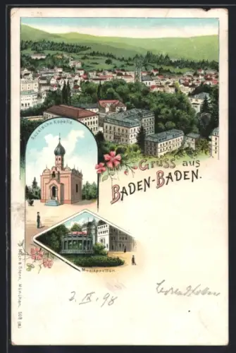 Lithographie Baden-Baden, Russische Kapelle, Musikpavillon und Gesamtansicht