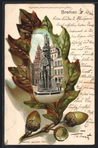 Passepartout-Lithographie Bremen, Rolandsäule mit Rathaus im Hintergrund, Eichenblatt