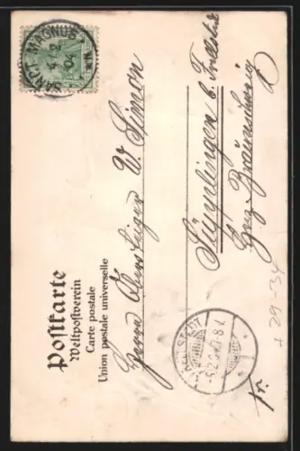 Passepartout-Lithographie Bremen, Rolandsäule mit Rathaus im Hintergrund, Eichenblatt