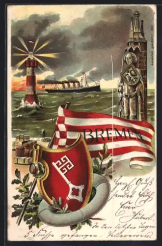 Lithographie Bremen, Meerblick mit Leuchtturm, Dampfer und Roland, Wappen