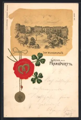 Lithographie Frankfurt a. O., Wilhelmsplatz, Siegel mit Kleeblättern, Passepartout