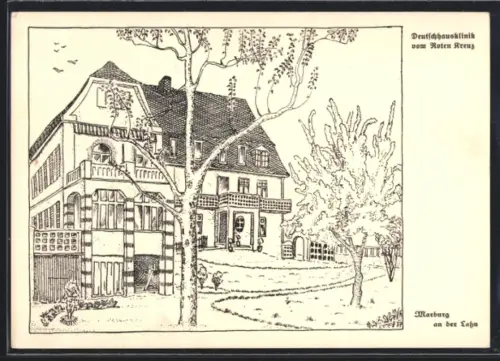 Künstler-AK Marburg an der Lahn, Deutschhausklinik vom Roten Kreuz