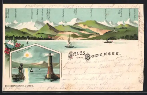 Lithographie Lindau i. Bodensee, Bodenseepanorama mit Zitterklapfen & Äxberg, Hafenpartie