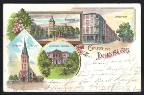 Lithographie Duisburg, Burgplatz, Josephskirche, Städtische Turnhalle, Königstrasse