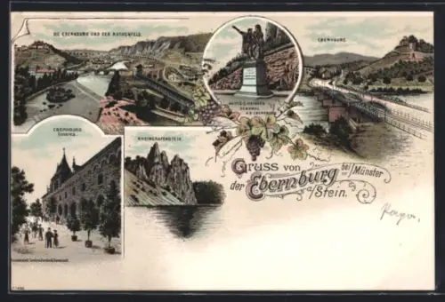 Lithographie Ebernburg a. Stein, Ortsansicht mit Rothenfels, Rheingrafenstein, Hutten-Sickingen Denkmal