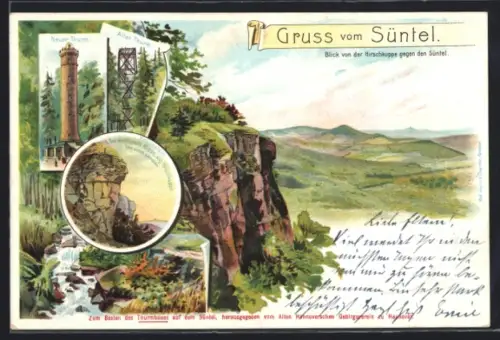 Künstler-AK Bad Münder, Neuer Turm, Alter Turm, Hohenstein, Die westlichste Klippe sog. Hirschkoppe von unten gesehen