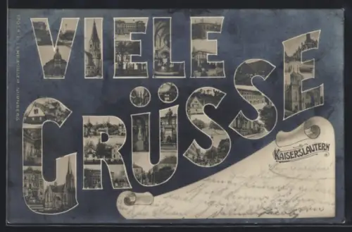 AK Kaiserslautern, Schriftzug Viele Grüsse mit Kirche, Innenansicht und Denkmal