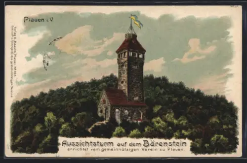 Lithographie Plauen, Ansicht vom Aussichtsturm auf dem Bärenstein