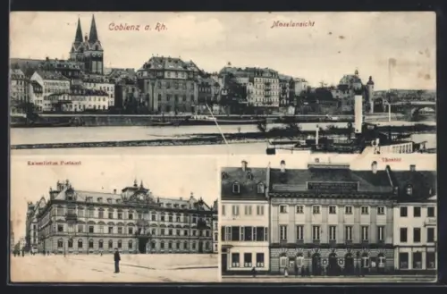 AK Coblenz a. Rh., Moselansicht, Kaiserliches Postamt, Theater