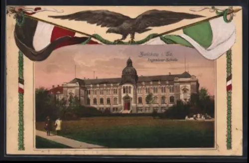 AK Zwickau i. Sa., Ingenieur-Schule, Adler mit Fahnen