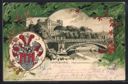 Passepartout-Lithographie Hamburg-St. Pauli, Helgoländerweg mit Seewarte, Stadtwappen