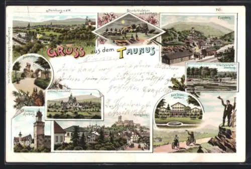 Lithographie Bad Homburg, Ortsansicht, Brunhildisfelsen, Schloss Friedrichshof, Königstein