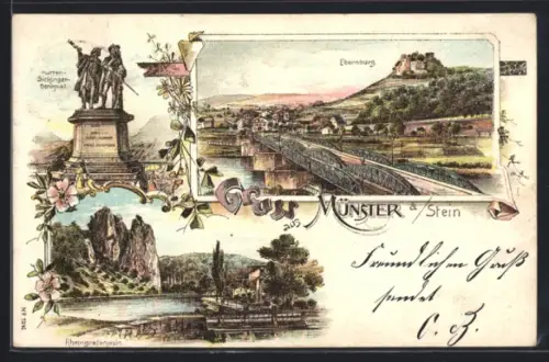 Lithographie Münster, Hutten-Sickinger-Denkmal, Ebernburg, Rheingrafenstein