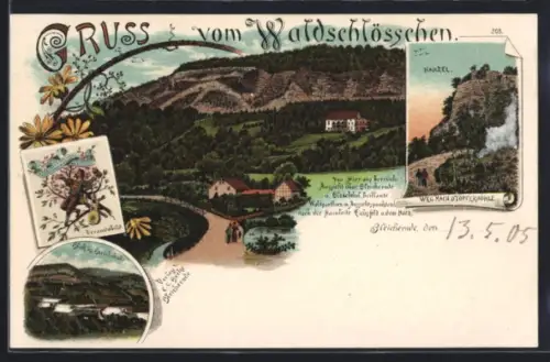 Lithographie Bleicherode, Waldschlösschen, Weg nach d. Töpferhöhle mit Kanzel, Blick ins Bleichthal