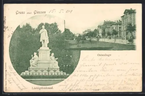 AK Giessen, Strasse Ostanlage, Liebigdenkmal