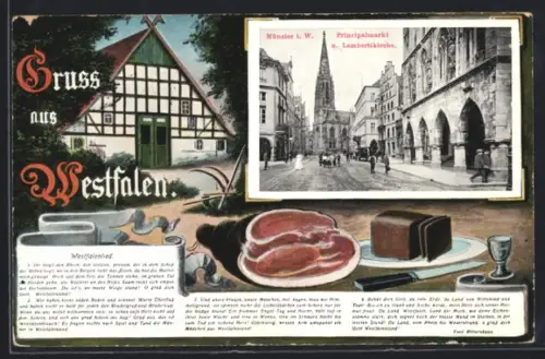 AK Münster i. W., Principialmarkt und Lambertikirche, Schinken