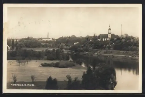AK Nerchau a. d. Mulde, Flusslandschaft mit Kirche