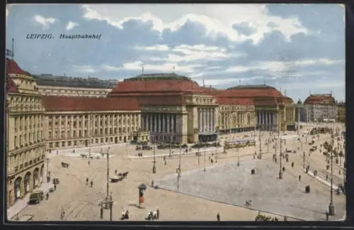 AK Leipzig, Hauptbahnhof mit Vorplatz, Strassenbahn