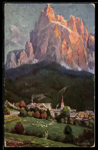 Künstler-AK Rudolf Alfred Höger: Seis am Schlern, Panorama, Dolomiten