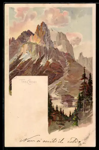 Lithographie Cortina d`Ampezzo, Tre Croci, Blick zur Ortschaft