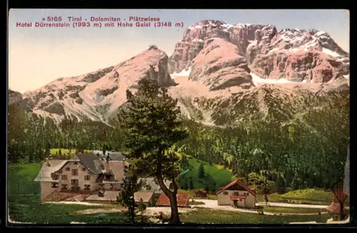 AK Prags, Blick auf das Hotel Dürrenstein mit Hohe Gaisl