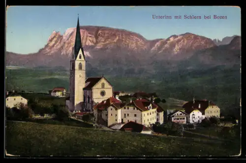AK Unterinn bei Bozen, Teilansicht mit Kirche und Schlern