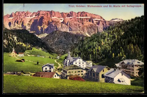 AK Gröden, Wolkenstein und Kirche St. Maria mit Sellagruppe