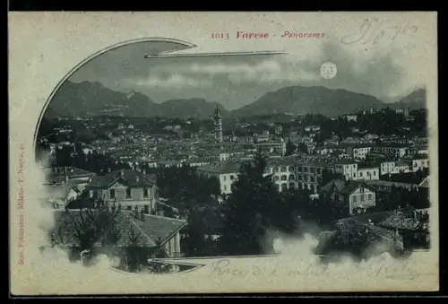 Mondschein-AK Varese, Panorama della città con vista sulle montagne e l`architettura locale