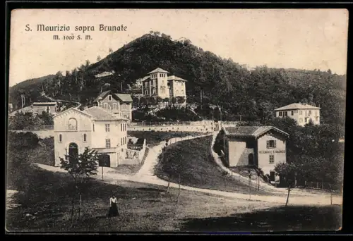 AK S. Maurizio sopra Brunate, Veduta panoramica con edifici e colline sullo sfondo, Ristorante S. Maurizio