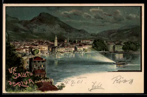 Lithographie Riva sul Garda, Veduta notturna del lago con barca illuminata e città sullo sfondo