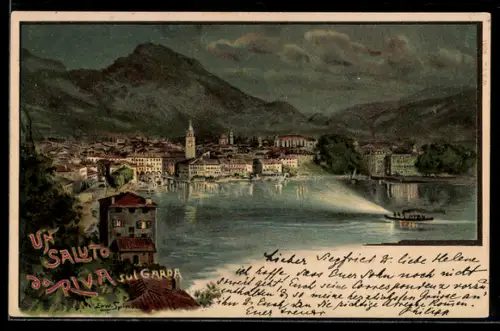 Lithographie Riva sul Garda, Vista notturna del lago con barca e montagne sullo sfondo
