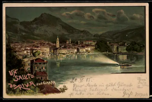 Lithographie Riva sul Garda, Veduta notturna con barca sul lago e montagne sullo sfondo