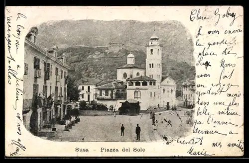 AK Susa, Piazza del Sole con vista sulla città e montagne sullo sfondo