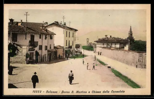 AK Saluzzo, Borgo S. Martino, Chiesa della Consolata e scena di strada con passanti