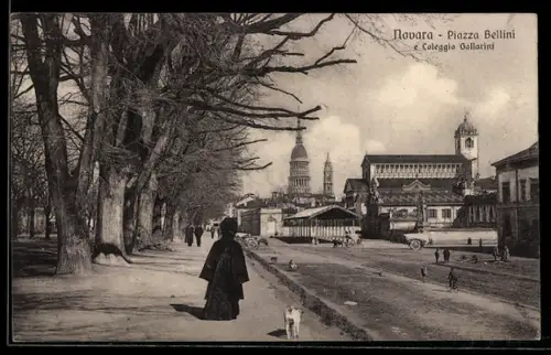 AK Novara, Piazza Bellini, Collegio Gallarini e passeggiata alberata