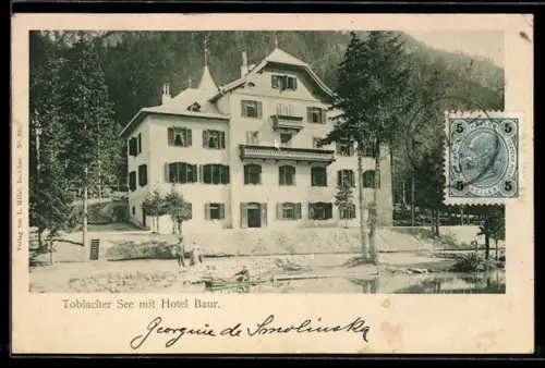 AK Toblach, Toblacher See mit Hotel Baur