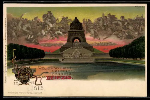 Künstler-AK Bruno Bürger & Ottillie Nr. 2152: Leipzig, Völkerschlacht-Nation-Denkmal, Schlachtenszene, Medusen-Haupt