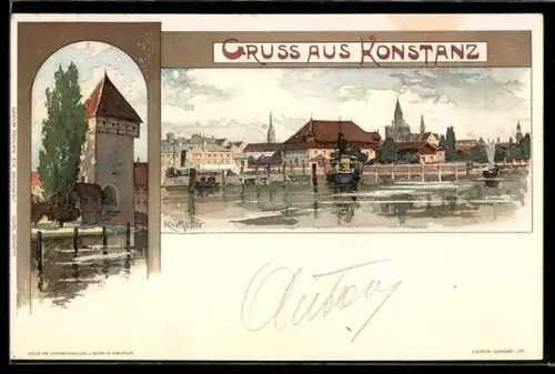 Künstler-AK Karl Mutter: Konstanz, Teilansicht und Dampfer, Turm