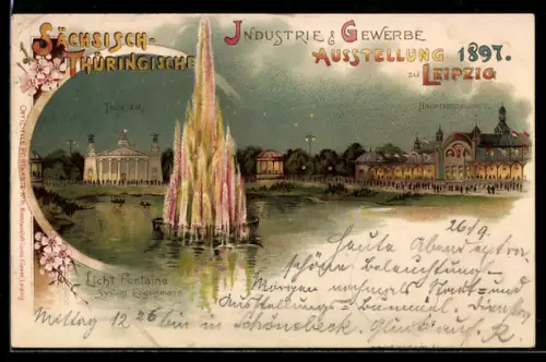 Lithographie Leipzig, Sächsische-Thüringische Industrie-u. Gewerbe-Ausstellung 1897, Theater mit Licht-Fontaine
