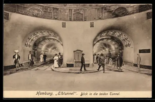 AK Hamburg-St. Pauli, Elbtunnel, Blick in die beiden Tunnel