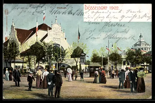 AK Düsseldorf, Ausstellung 1902, Leute vor der Festhalle