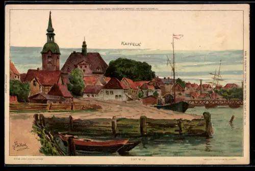 Lithographie Kappeln, Ortsansicht mit Hafen, Brücke, Segelschiffe