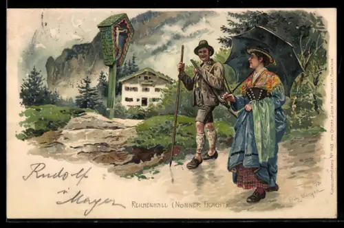 Künstler-Lithographie Fritz Bergen: Liebespaar in bayerischer Tracht wandert an einem Flurkreuz vorbei