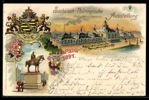 Lithographie Leipzig, Sächsisch-Thüringische Industrie- u Gewerbeausstellung 1897, Haupthalle, Reiterdenkmal